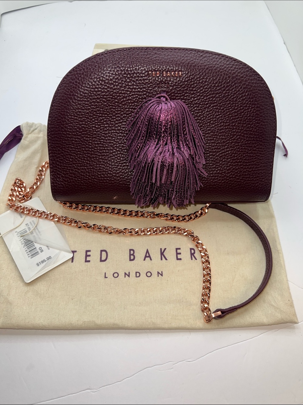 Ted Baker Plum Tassel Pebbled Leather Crossbody with Rose Gold Chain